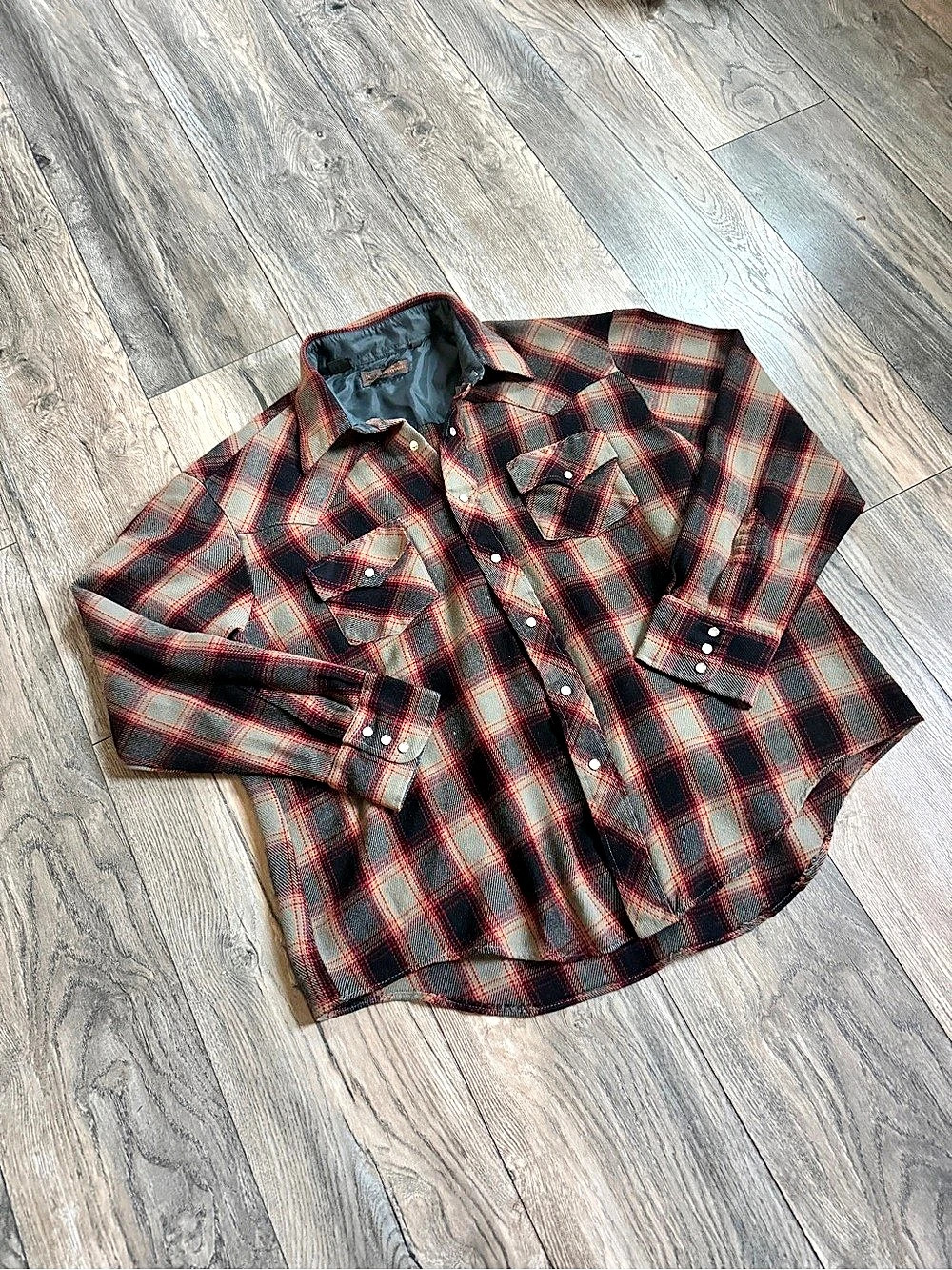 Vintage Plaid pearl Snap-flannel shirt, wool flannel by David Harrison